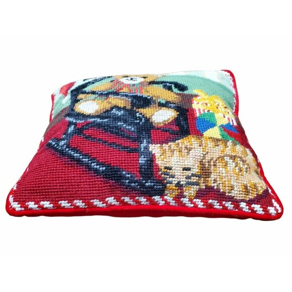 Christmas Needlepoint Throw Pillow Teddy Bear Cat VTG Red Velvet Rocking Chair - Picture 2 of 7